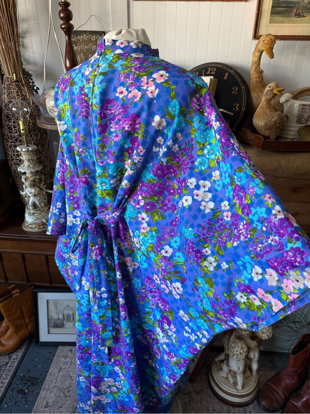 Vibrant Blue Floral 1960s Bat Wing Tie Back Gown - Picture 4 of 6